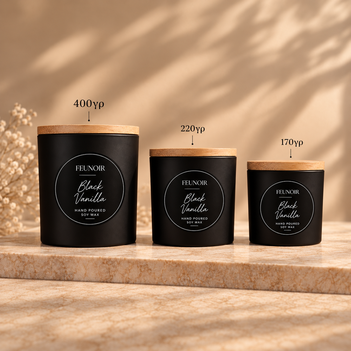 Feunoir Black Vanilla soy candles in Black jars, 400g, 220g and 170g, largest first