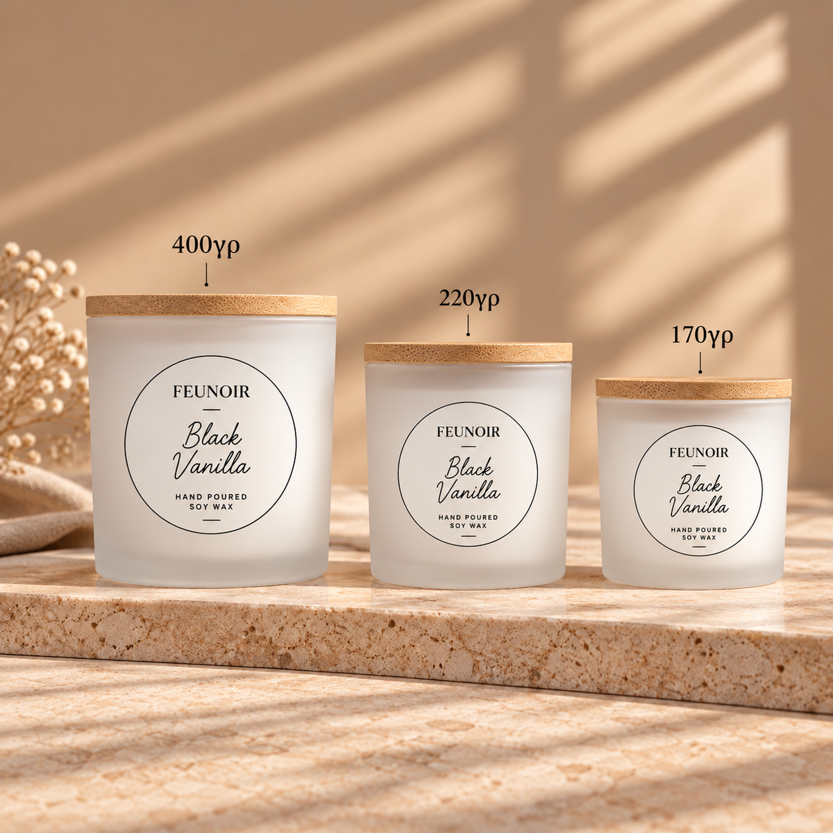 Feunoir Black Vanilla soy candles in Frosted jars, 400g, 220g and 170g, largest first