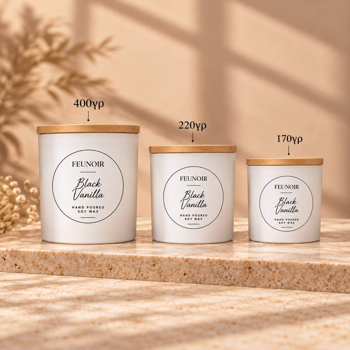 Feunoir Black Vanilla soy candles in White jars, 400g, 220g and 170g, largest first