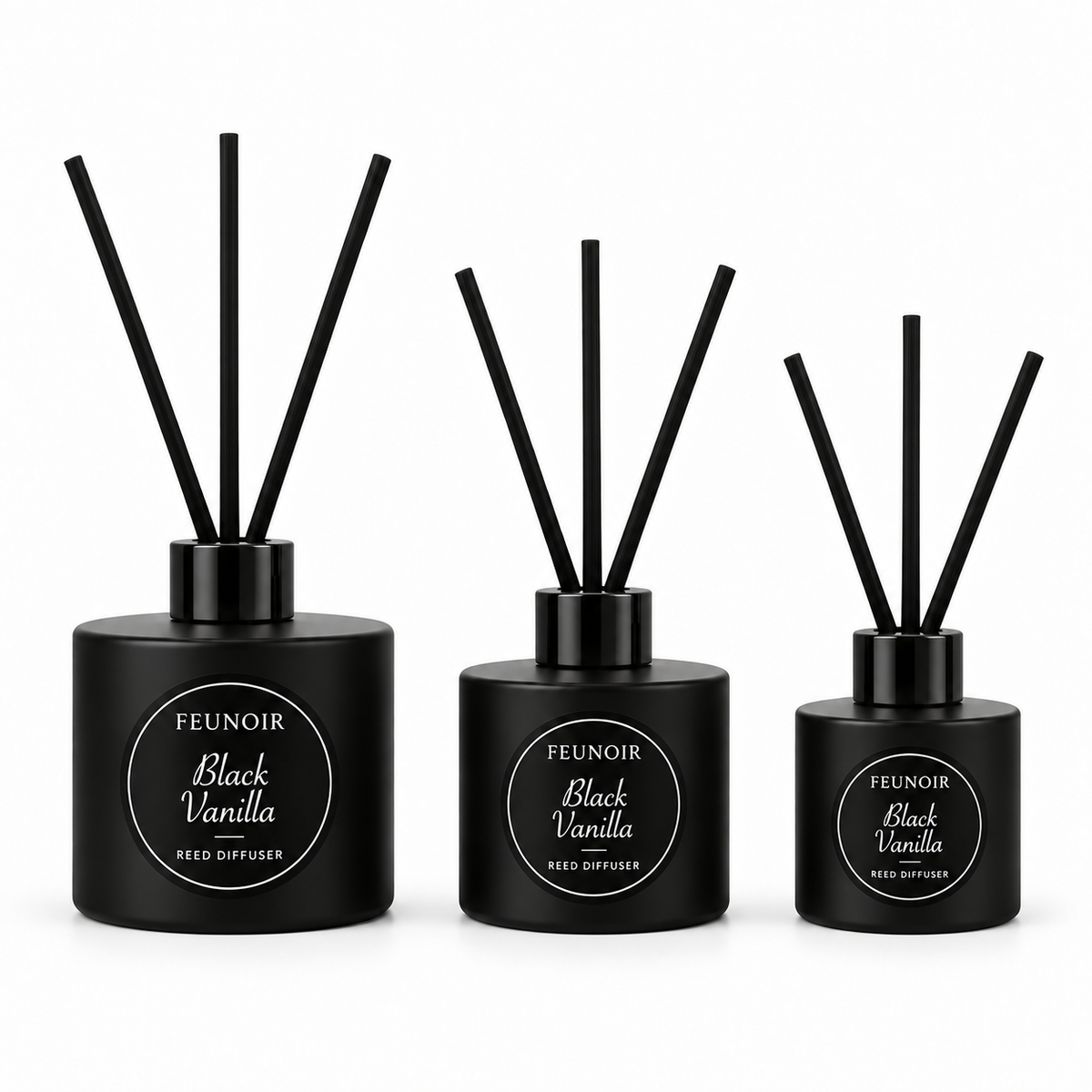Feunoir Black reed diffuser containers with black caps and exactly 3 black reeds each, largest first, white background